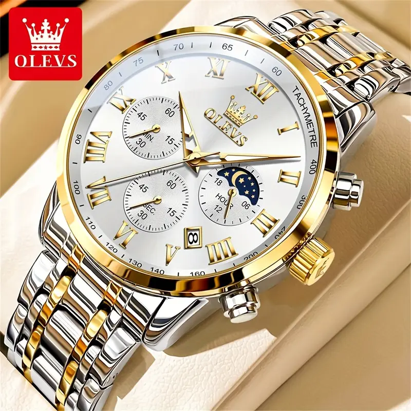 Stylish Olevs Date Watch - Men's Stainless Steel Analog Quartz Wrist Watch with Luminous Dial, Waterproof, Business Casual Style, Perfect for Daily Wear