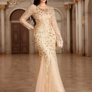 Long Sleeve Fully Lined Women's Fishtail Maxi Dress with Embroidered Mesh Back Zipper for Evening Wedding Party