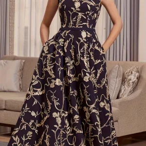 Long Sleeve Fully Lined Women's Fishtail Maxi Dress with Embroidered Mesh Back Zipper for Evening Wedding Party