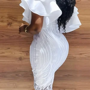 Long Sleeve Fully Lined Women's Fishtail Maxi Dress with Embroidered Mesh Back Zipper for Evening Wedding Party