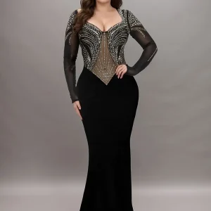 Long Sleeve Fully Lined Women's Fishtail Maxi Dress with Embroidered Mesh Back Zipper for Evening Wedding Party