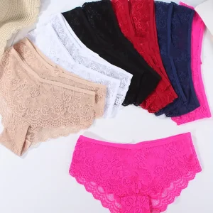 8-piece Set of Full Lace Four Corner Pants, Sexy and Comfortable Lightweight Underwear with Breathable Solid Color Print