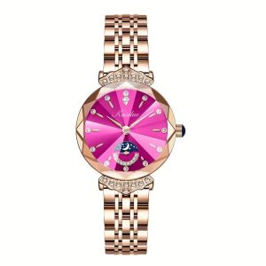 Women'S Elegant Business Watch with Blue Ocean Heart & Rose Golden Stainless Steel Band