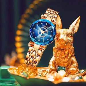 Women'S Elegant Business Watch with Blue Ocean Heart & Rose Golden Stainless Steel Band