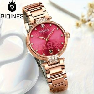 Women'S Elegant Business Watch with Blue Ocean Heart & Rose Golden Stainless Steel Band
