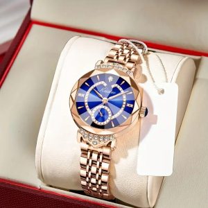 Women'S Elegant Business Watch with Blue Ocean Heart & Rose Golden Stainless Steel Band