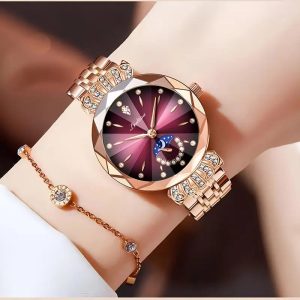 Women'S Elegant Business Watch with Blue Ocean Heart & Rose Golden Stainless Steel Band