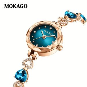 Women'S Elegant Business Watch with Blue Ocean Heart & Rose Golden Stainless Steel Band