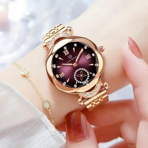 Women'S Elegant Business Watch with Blue Ocean Heart & Rose Golden Stainless Steel Band