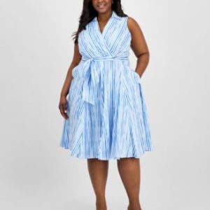 Plus Size Cotton Striped Faux-Wrap Shirtdress
