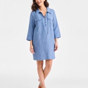 Women's 100% Linen Lace-Up 3/4-Sleeve Utility Dress, Mivy's Exclusive
