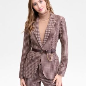 Women's Belted Houndstooth-Print Blazer