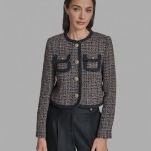 Women's Braided-Trim Tweed Collarless Jacket