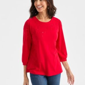 Women's Floral Embroidery Shine Knit Top, Mivy's Exclusive