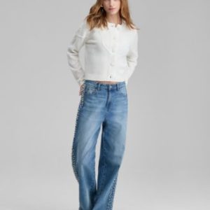 Women's High-Rise Faux-Pearl-Side Wide-Leg Jeans, Mivy's Exclusive