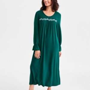 Women's Long-Sleeve Embroidered Knit Nightgown