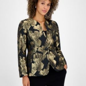 Women's Metallic Jacquard Collarless Jacket, Regular and Petite Sizes