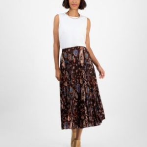 Women's Printed Pull-On Pleated Midi Skirt