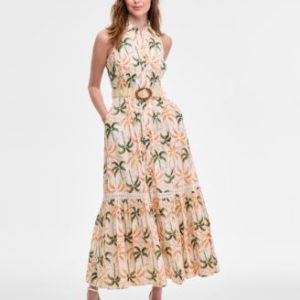 Women's Printed Taffeta-Belt Sleeveless Dress