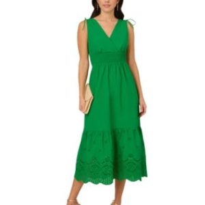 Women's Smocked-Waist Tie-Sleeve Eyelet Cotton Sundress