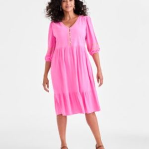 Women's V-Neck 3/4-Sleeve Tiered Midi Dress, Exclusively at Mivy's