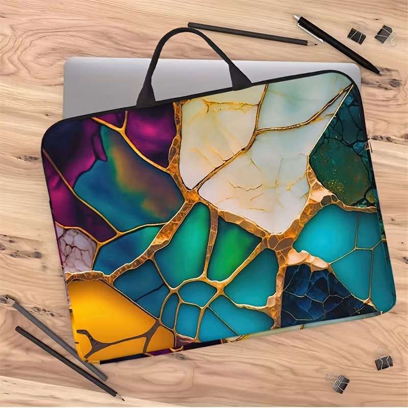 One-Piece Computer Bag, Laptop Sleeve, Multi-Color Fragmented Golden Crack Inlaid Art Portable Large Capacity Laptop/Tablet Tote Bag, Case, Zip Closure, Travel Outdoor Office School Electronic Product Handbag, Suitable for Office, University