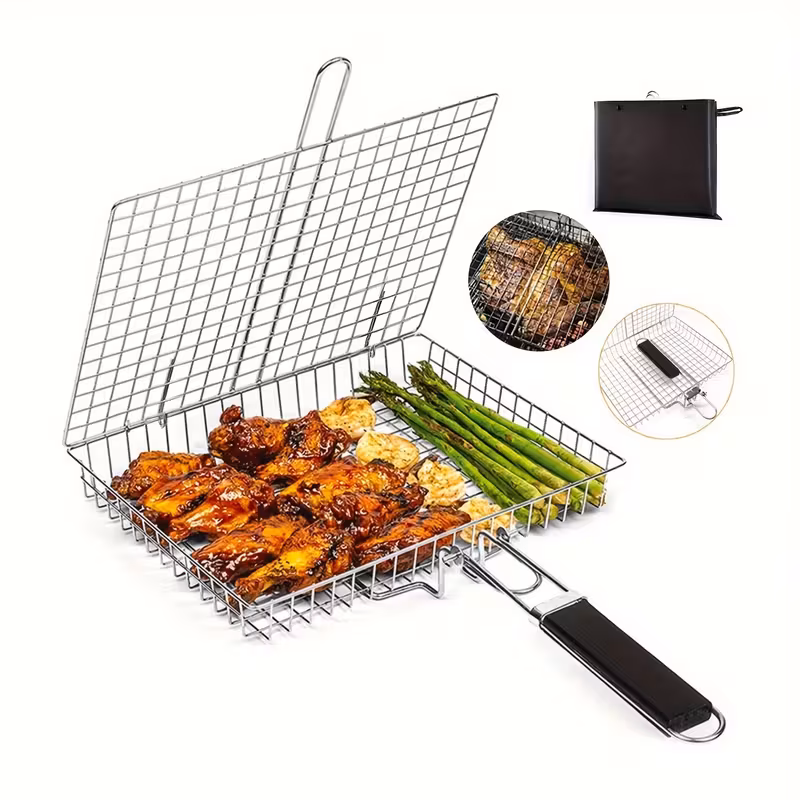 1pc BBQ Grilling Basket - Sturdy Barbecue Spatula for Meat, Steak, Shrimp, And Vegetables - Corrosion-Resistant Outdoor Grilling for Picnics And Camping - Metal Accessory for Cooking And Flipping