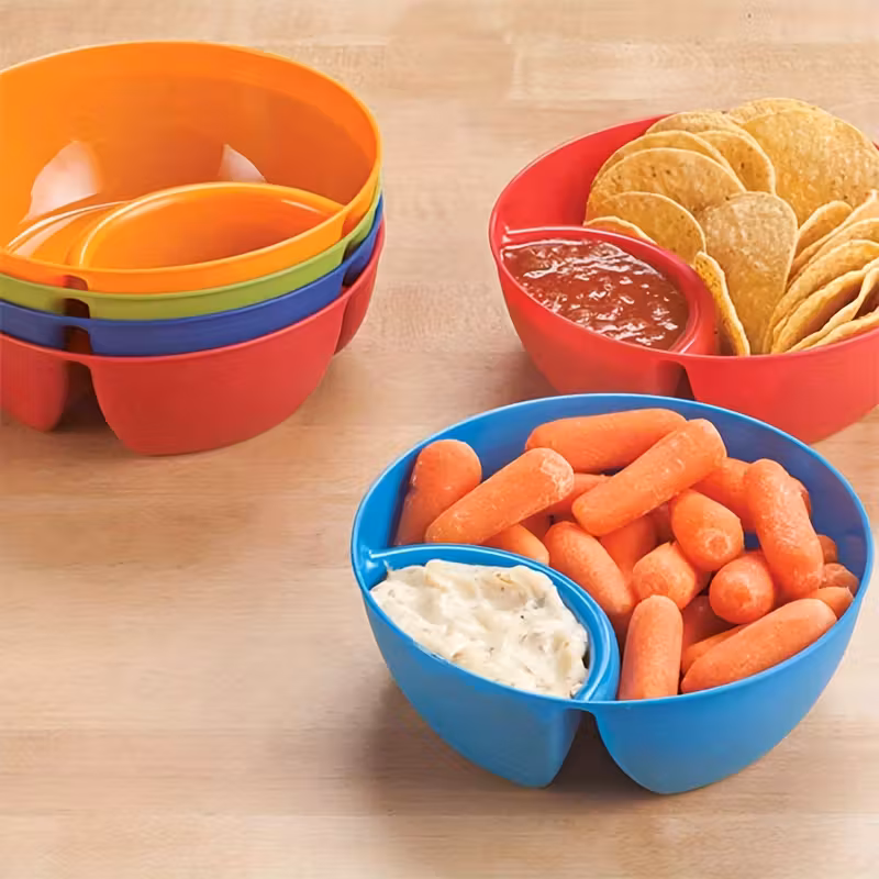 2-Pack Plastic Multi-Purpose Dipping Containers, Stackable Space-Saving Design, Easy Clean Snack Serving Bowls with Dip Holder for Home & Restaurant Use