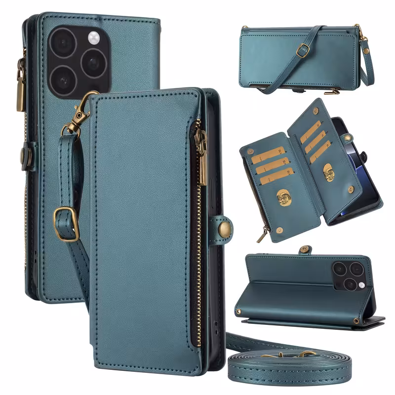 [Wallet Case For iPhone] For iPhone 17 Pro Max/16/15/14/13 Wallet Case With Multiple Card Slots, Long Strap Crossbody Phone Protective Cover And Zippered Coin Pocket Faux Leather