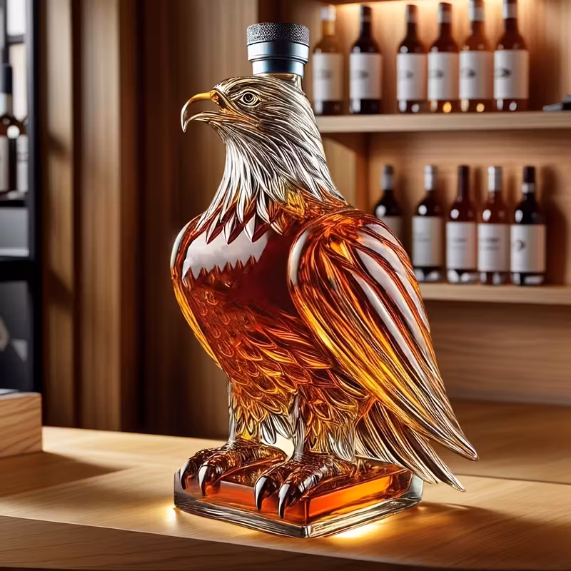 [Eagle Glass Liquor Bottle] 1pc Hand-Blown Eagle-Shaped Glass Liquor Bottle, High Borosilicate Material, Yellow Painted Accents on Eagle's Beak and Claws, Vivid Details. Black Cap Seal, Wine Storage Function, Suitable for Packaging and