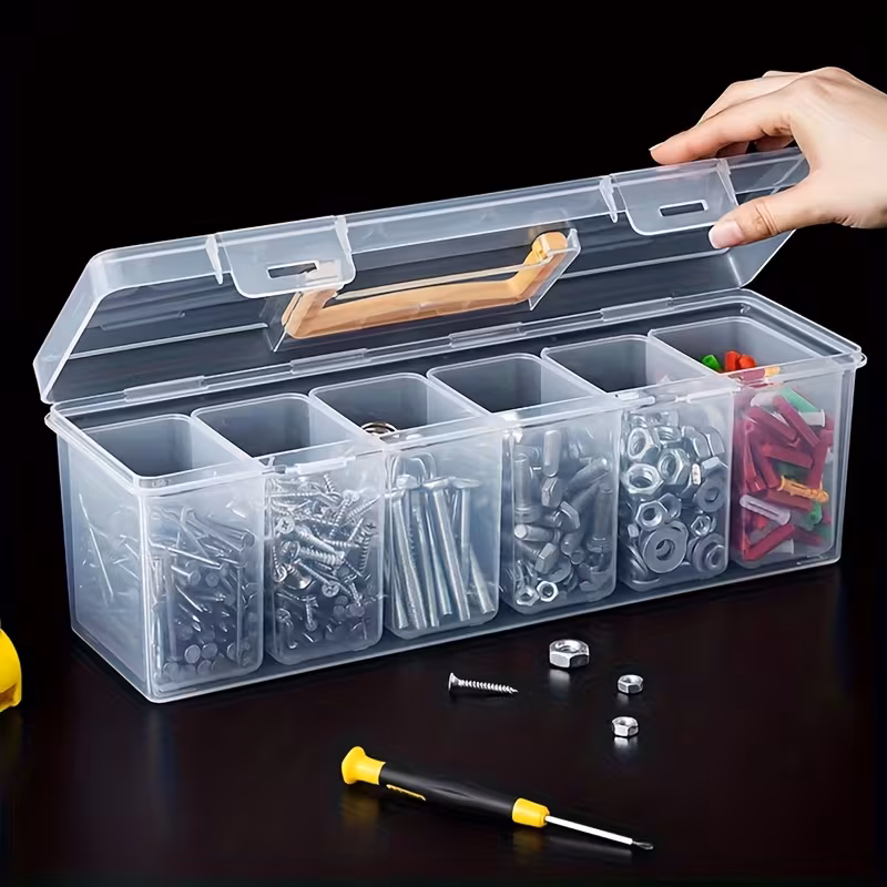 7pcs Set: 6 Small Boxes + 1 Large Box, Hardware Tool Storage Box, Multi-Compartment Transparent Tool Organizer, Screw and Accessory Sorting Box, Household Screw, Wrench, and Hardware Parts Organizer, Toy Storage Box, Portable Divided Sorting and