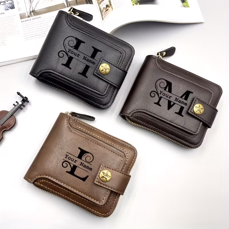 1pc Custom Men'S Wallet, 2025 New Simple Solid Color Short Zipper Coin Purse, Multi-Functional Driver'S License, Personalized Card Holder Integrated Gift for Father'S Day, Easter, Christmas, Birthday, Anniversary, Custom Text Option, Best for Christmas
