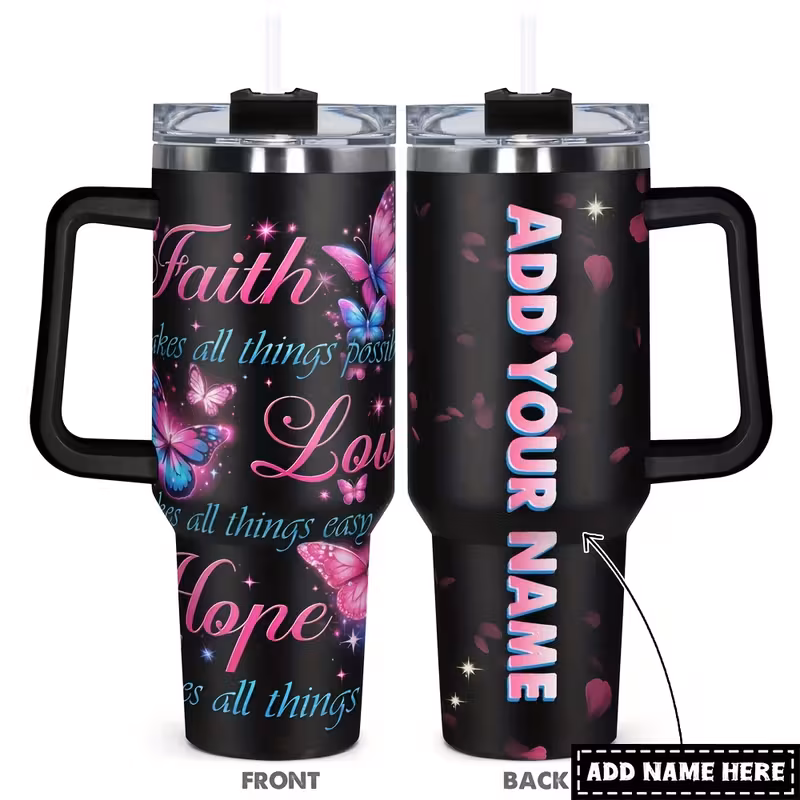 1pc Personalized Name 40 oz Stainless Steel Tumbler with Lid | Funny Print, Faith Love Hope, Reusable, Break Resistant, Ideal for Christmas, Thanksgiving, Halloween, Birthday Gifts for Dad, Son, Women, Mom, Sisters, Teacher, Coworker, Friend