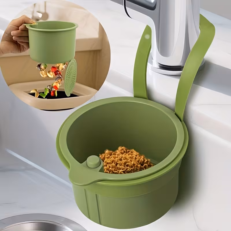 One-Touch Cleaning Sink Basket with Detachable Filter System - Heavy-Duty ABS Plastic Hanging Drain Basket Suitable & Bathroom, Hygienic Hands-Free Operation, Easy Assembly/Disassembly, Year-Round Use