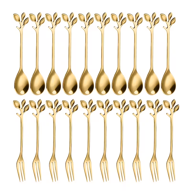 20pcs Golden Leaf Stainless Steel Mini Fork and Coffee Spoon Set, Stainless Steel Mini Forks & Spoons, Leaf-Shaped Dessert Utensils, Elegant Kitchenware Durable & Rustproof Easy Clean | Suitable for Stirring, Fruits, Appetizers, Cakes, Cheese Salad - Perfect for Home Use, Parties, Weddings, Festivals & Dining Table Decorations - Catering Tools