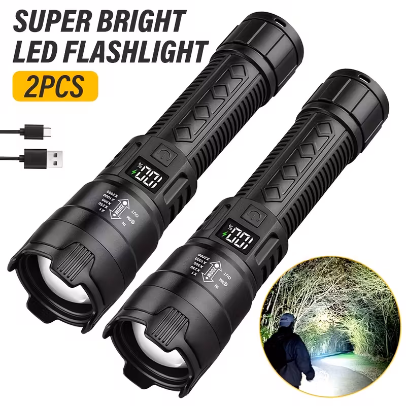 [Rechargeable LED Torches] Set of 2 Rechargeable LED Torches, Compact Design with Adjustable Zoom And Battery Level Indicator, Featuring Three Lighting Options Suitable for Outdoor Activities, Camping, Work, And Emergency Situations