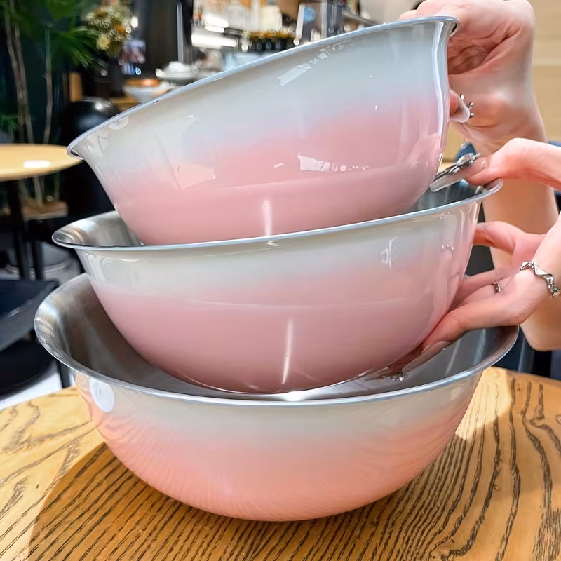 Set of 3 Stainless Steel Pink Mixing Bowls, Perfect for Baking And Dough, Salad And Fruit, And Cold Dishes. Easy to Clean And Shatter-Resistant, These Bowls Come in Three Sizes That Stack for Convenient Storage, Featuring Vibrant Colors And Durable