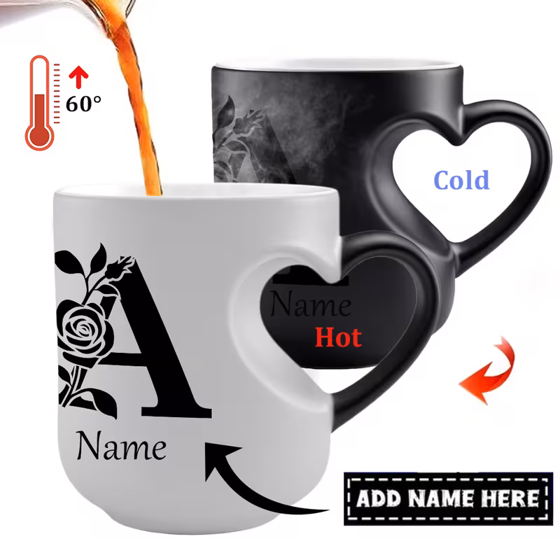 One Custom 11Oz Mug Featuring a Personalized Name And Floral Letter Design That Changes Color with Hot Water: an Ideal Present for Loved Ones - Heart-Shaped Ceramic Cup - Perfect for Halloween, Thanksgiving, And Christmas.
