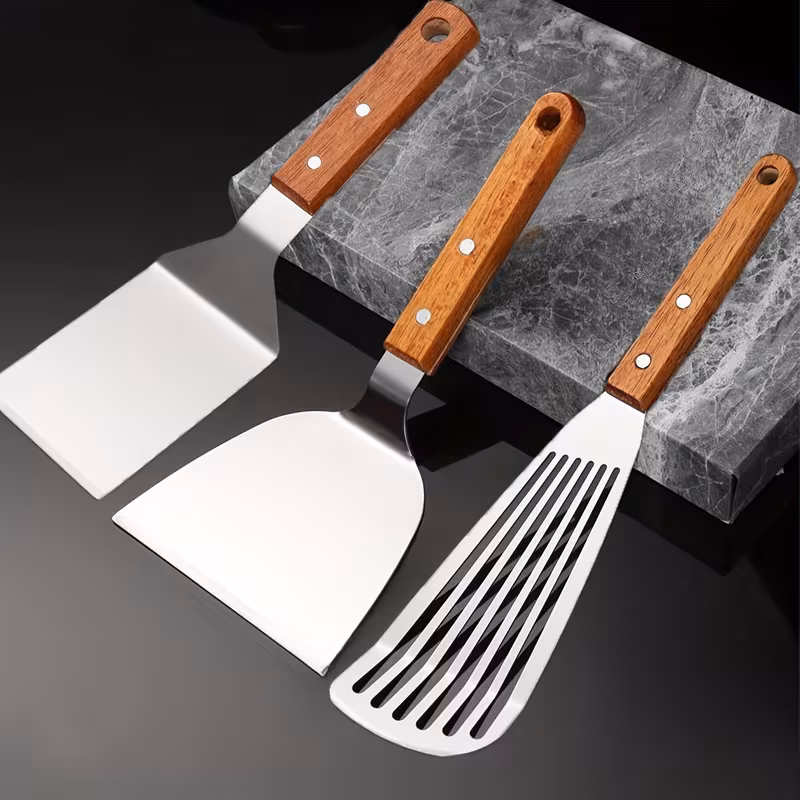 [Stainless Steel Spatula] 3pcs Stainless Steel Metal Spatula for Cast Iron Skillet, Small Kitchen Spatula Flipper with Wooden Handle for Cooking Grill Griddle